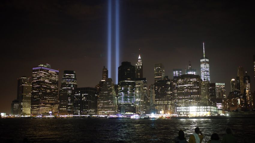 Memorial "Tribute in Light" is seen in Manhattan skyline from Brooklyn Bridge Park in Brooklyn, New York, USA on September 10, 2016 on a day before the 15th anniversary of the 9/11 attacks.