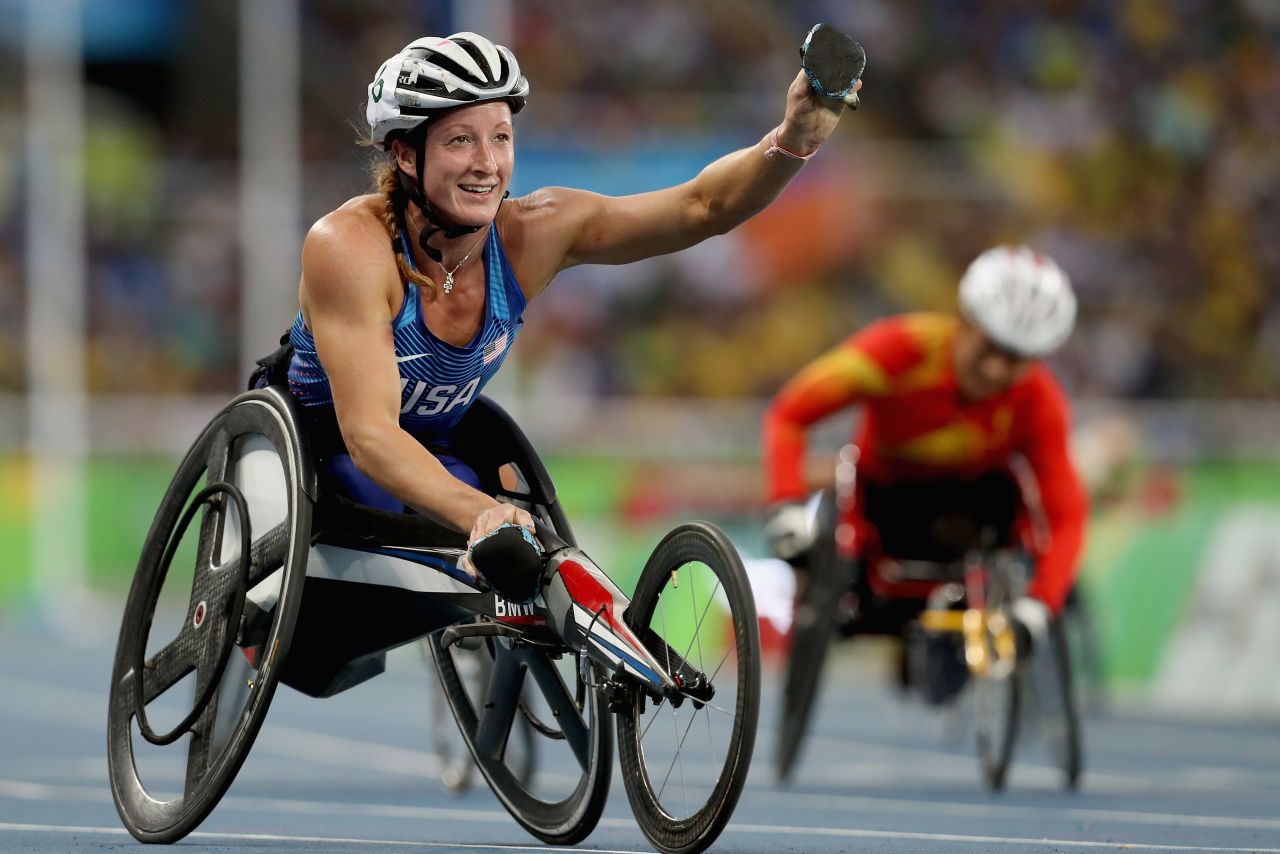 Tatyana McFadden celebrates as she crosses the line to win the women's T54 400m  final. It's her second medal of Rio 2016 and the 27-year-old is hoping to add five more.