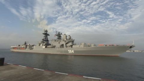 The Russian destroyer Admiral Tributs arrives for exercises with the Chinese navy.