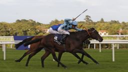 DUBLIN, IRELAND - SEPTEMBER 10:  Christophe Soumillon riding Almanzor (R, light blue) win The Qipco Irish Champion Stakes at Leopardstown racecourse on September 10, 2016 in Dublin, Ireland. (Photo by Alan Crowhurst/Getty Images)