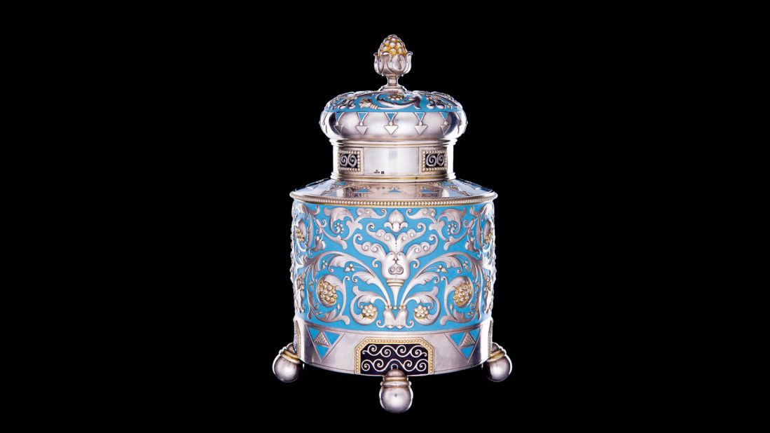 Peter Carl Fabergé is best known for his Imperial Eggs but his firm also applied the same ornate sensibility to tea containers like this one. 