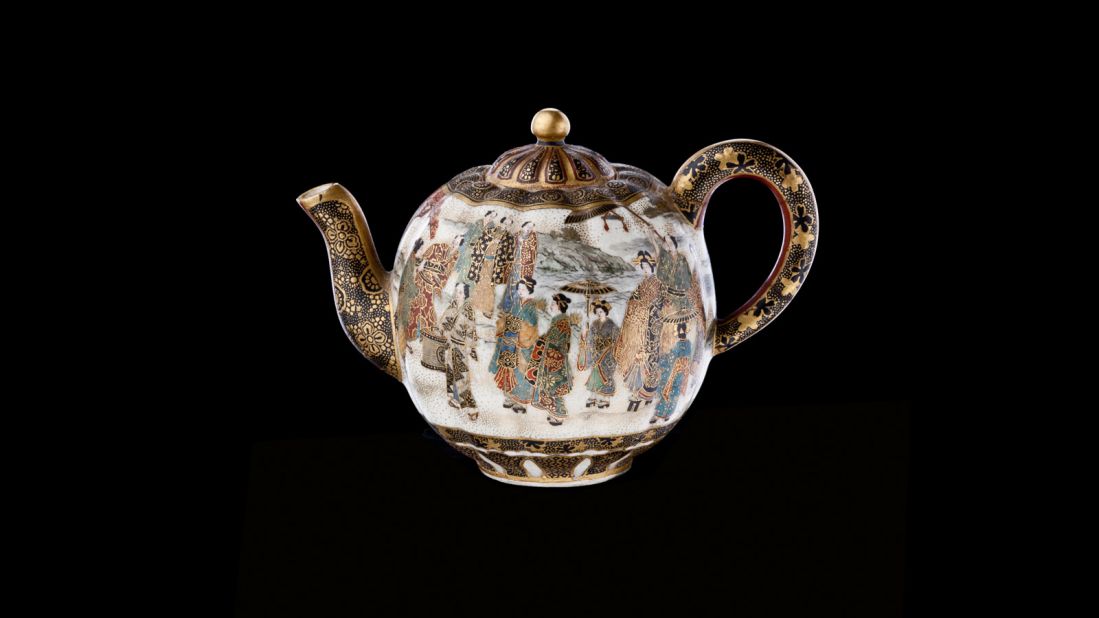 During the mid to late 1800s, buyers in the West were obsessed with the idea of Japanese style and art. This teapot was especially painted with scenes of Japanese life to appeal to this obsession.