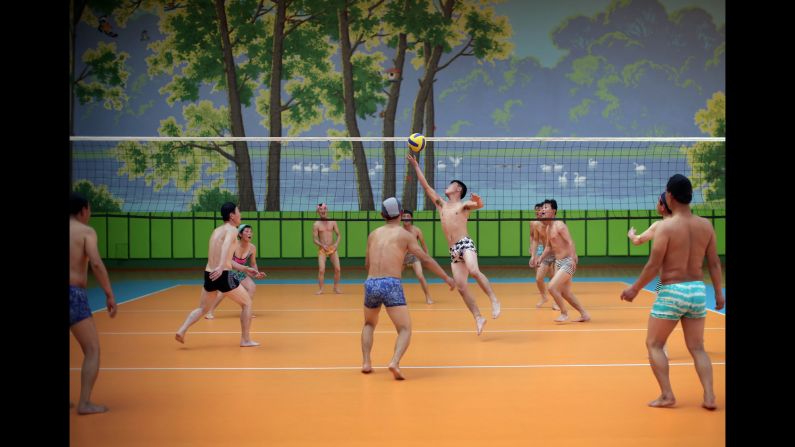 A group plays volleyball at the Munsu Water Park.