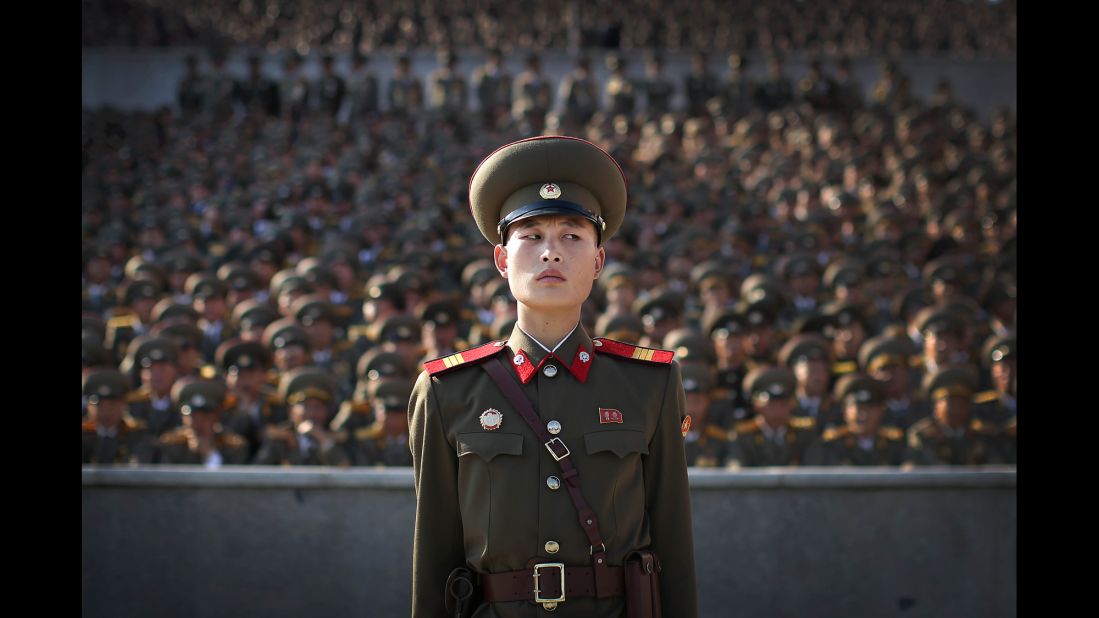 A soldier stands during a parade marking the 70th anniversary of the country's ruling party. 