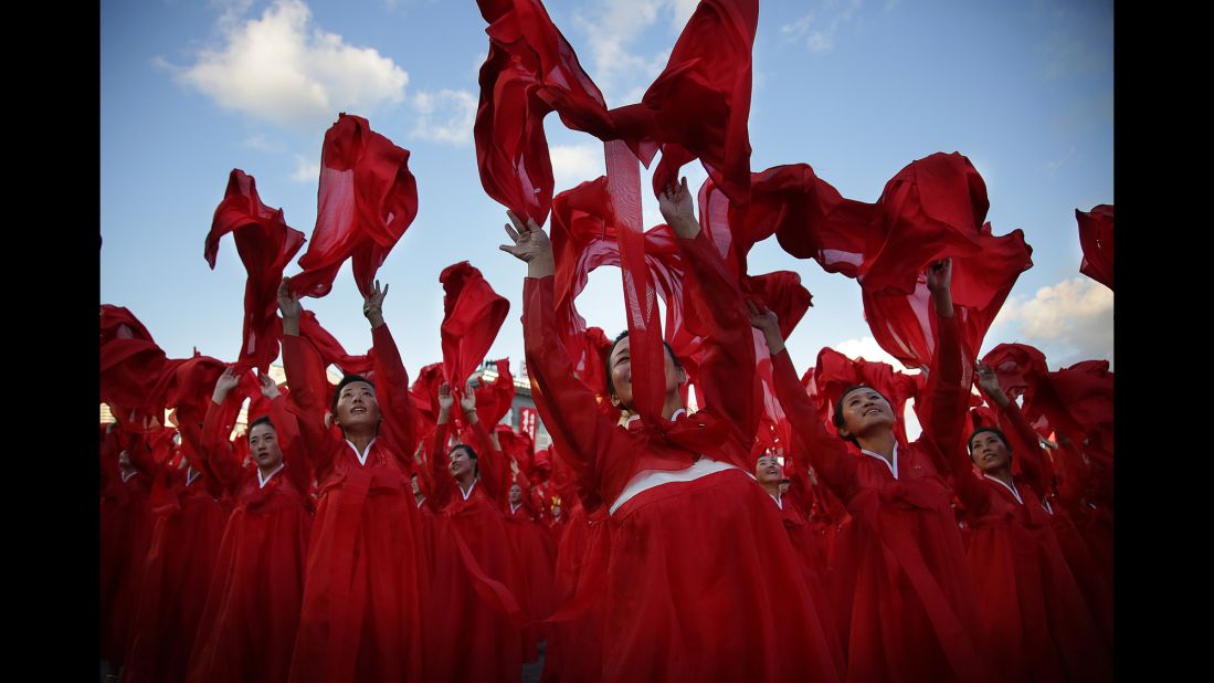 Dancers perform at Kim Il Sung Square during a parade marking the 70th anniversary of the country's ruling party.
