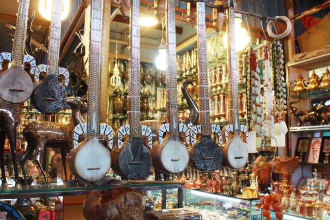 Traditional Uyghur instruments on sale at the Kashgar Bazaar.