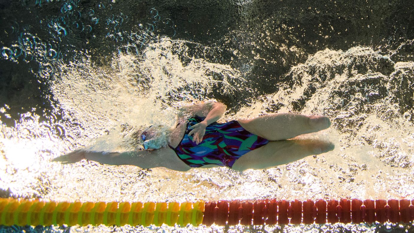 U.S. swimmer Jessica Long practices for the 400-meter freestyle S8 competition at the Paralympic Games in Rio de Janeiro, Brazil, on Thursday, September 8.