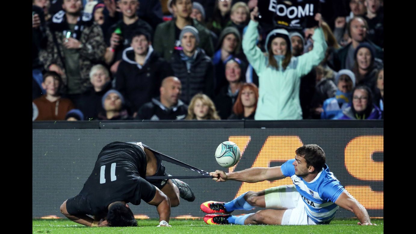 Julian Savea of New Zealand is tackled by Argentina's Ramiro Moyano during the Rugby Championship match in Hamilton, New Zealand, on Saturday, September 10. New Zealand dominated the second half, winning 57-22. 