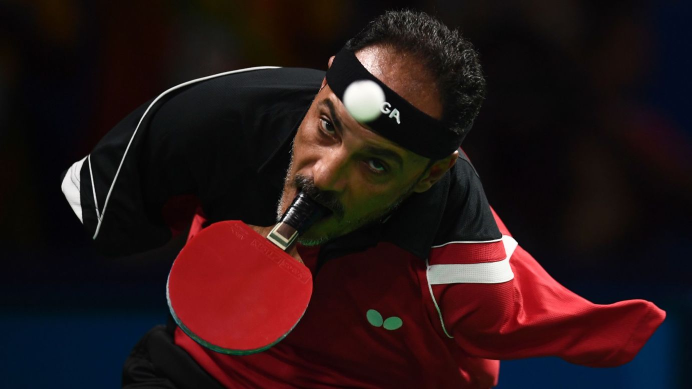 Egypt's Ibrahim Hamadtou competes in a table tennis match at the Paralympic Games in Rio de Janeiro, Brazil, on Friday, September 9. 
