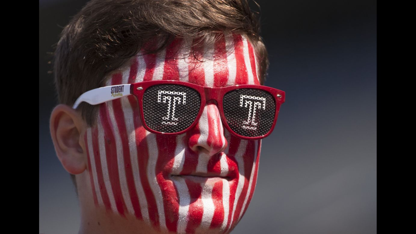 A Temple football fan looks on prior to a game against Stony Brook in Philadelphia on Saturday, September 10. Temple beat Stony Brook, winning 38-0.