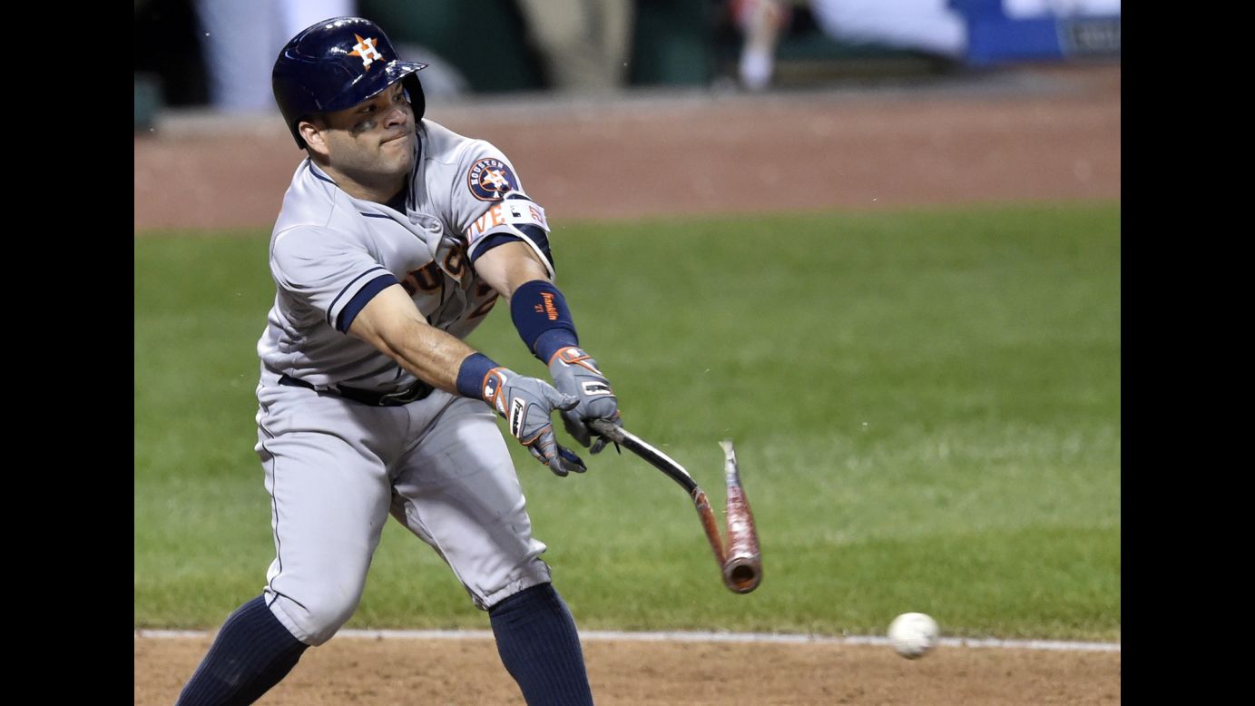 Houston's Jose Altuve breaks his bat on a groundout against Cleveland during a game in Cleveland on Wednesday, September 7. Cleveland won 6-5.