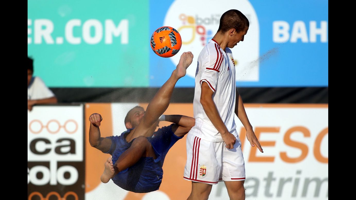 Paolo Palmacci goes for the ball during a qualifying match against Hungary in the 2017 FIFA Beach Soccer World Cup in Jesolo, Italy, on Friday, September 9.