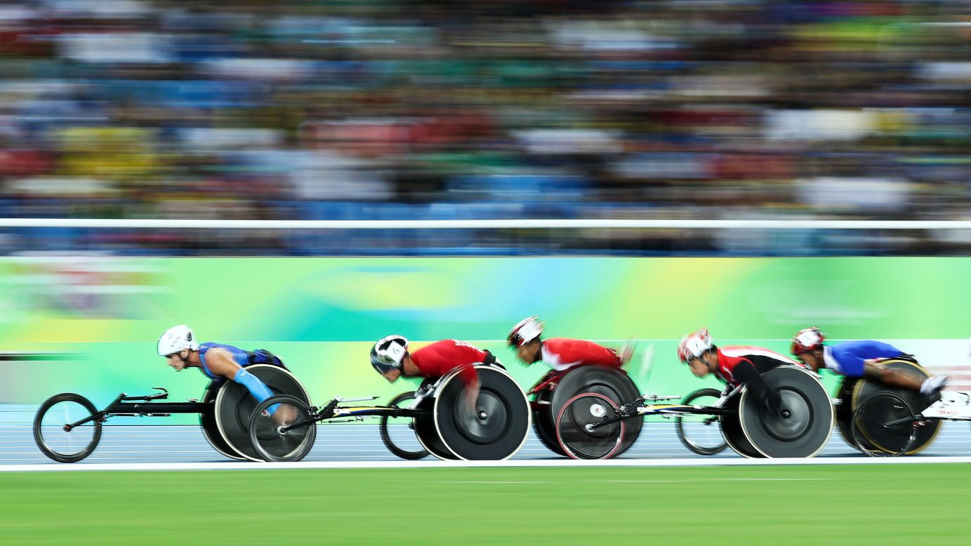 Athletes compete in the men's 5000-meter T54 heat at the Paralympic Games in Rio de Janeiro, Brazil, on Friday, September 9.