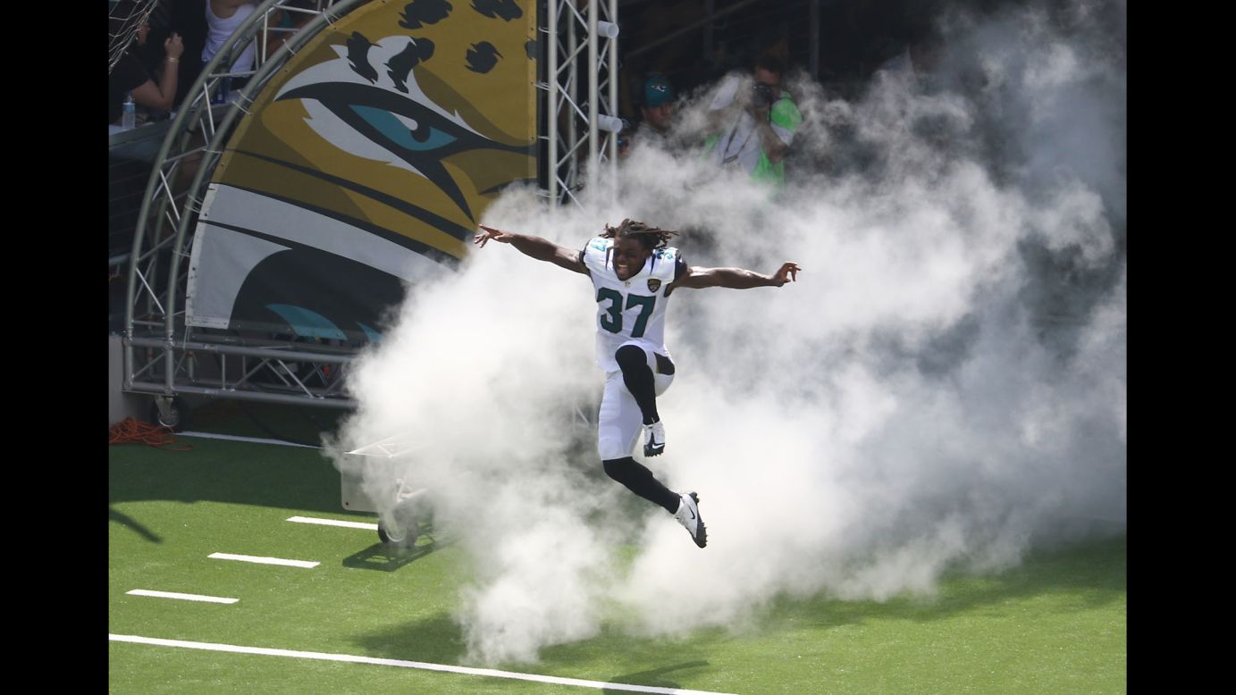 Jacksonville's Johnathan Cyprien takes to the field before a game against Green Bay in Jacksonville, Florida, on Sunday, September 11. Green Bay won 27-23.