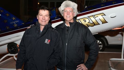 Stuntman Eddie Braun, left, and Kelly Knievel in 2015 with Braun's "Evel Spirit" rocket.