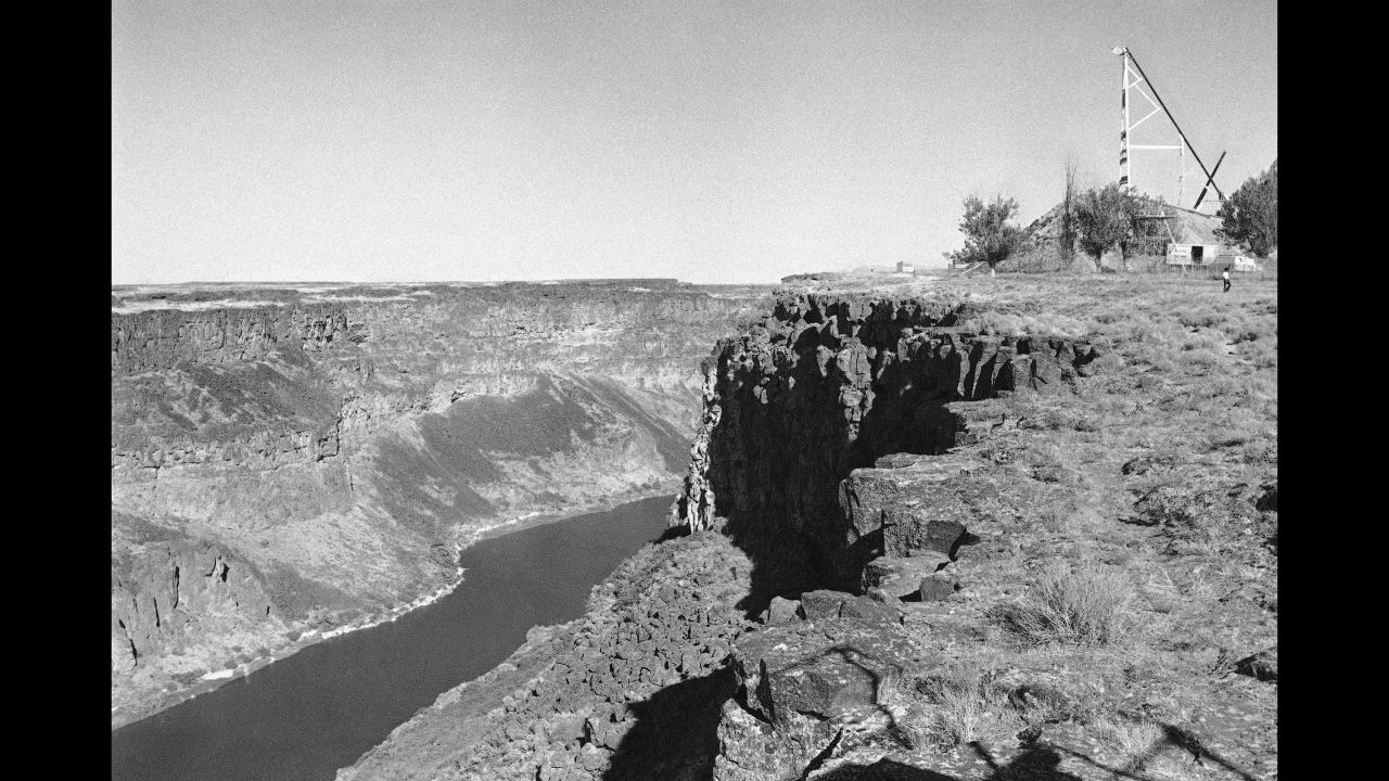 At right is the ramp Knievel built to jump the Snake River. Braun has erected his own 10-story ramp on private property several miles upriver and is scheduled to attempt his jump on Saturday, September 17.