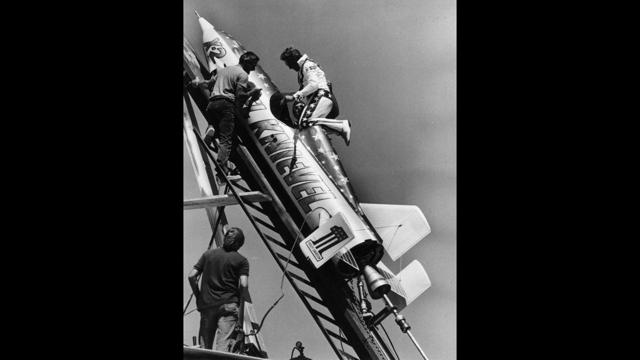 Knievel climbs into his Skycycle X-2 on the launch ramp. To get  permission from the state of Idaho to do the jump, the X-2 was registered as an airplane instead of a motorcycle. It's still owned by the Knievel estate and is sometimes displayed in museums.