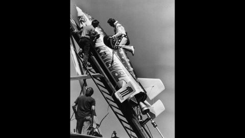 Knievel climbs into his Skycycle X-2 on the launch ramp. To get  permission from the state of Idaho to do the jump, the X-2 was registered as an airplane instead of a motorcycle. It's still owned by the Knievel estate and is sometimes displayed in museums.