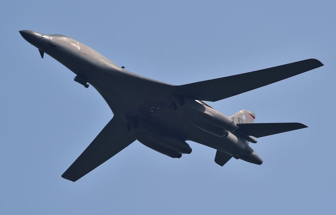 A US B-1B Lancer bomber flies over the Osan Air Base, South Korea, on Tuesday. 