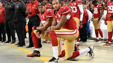 Eric Reid, left, and Colin Kaepernick, then with the San Francisco 49ers, kneel in protest during the National Anthem prior to an NFL game in September  2016.