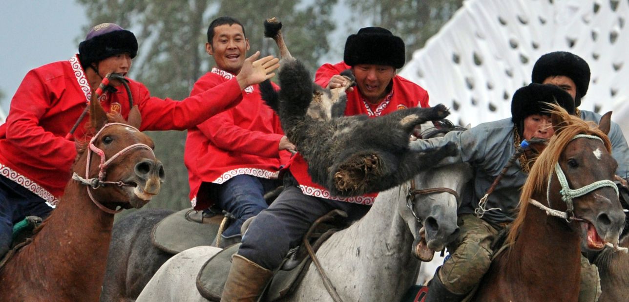 Kok-Boru is a traditional sport where each team has to try to throw a decapitated goat into the opposition's goal to win a point. Games consist of three 20-minute periods. 