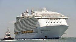 A photo taken on May 15, 2016 shows the Harmony of the Seas cruise ship as it sails from the STX Saint-Nazaire shipyard, western France out to sea.
The world's biggest-ever cruise ship, the 120,000-tonne Harmony of the Seas, a luxury home on the waves for 8,500 passengers and crew, was handed over by a French shipyard after a 40-month engineering feat. At 66 metres (217 feet), it is the widest cruise ship ever built, while its 362-metre length makes it 50 metres longer than the height of the Eiffel Tower.The floating town, which cost close to one billion euros (dollars), has 16 decks and will be able to carry 6,360 passengers and 2,100 crew members.  / AFP / JEAN-FRANCOIS MONIER        (Photo credit should read JEAN-FRANCOIS MONIER/AFP/Getty Images)