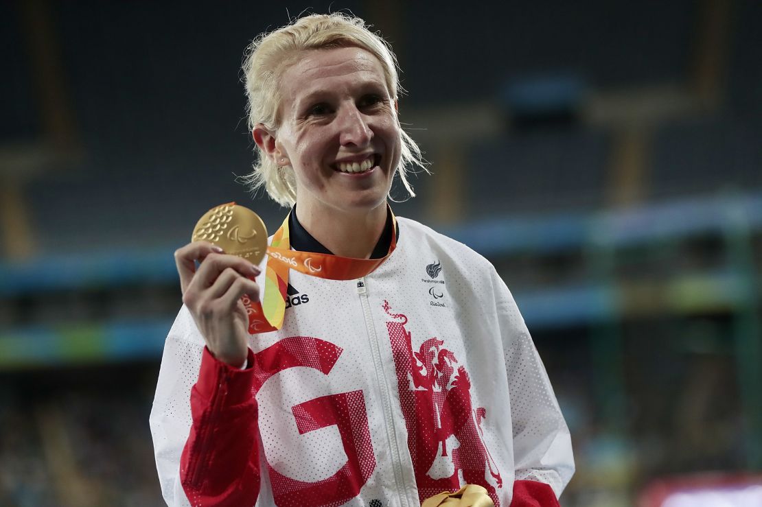 Georgina Hermitage of Great Britain celebrates her gold medal in the 100 meters at the Rio 2016 Paralympics. 