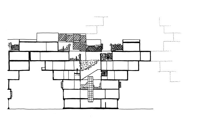 Cross-section of a Tree unit. <br /><br />(A Tree unit is part of modular network of layered apartments proposed by Sabouni. They can spread both vertically and horizontally.) 