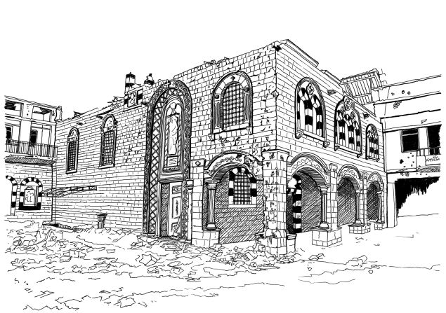 The Church of St Mary of the Holy Belt in Homs, its main entrance damaged