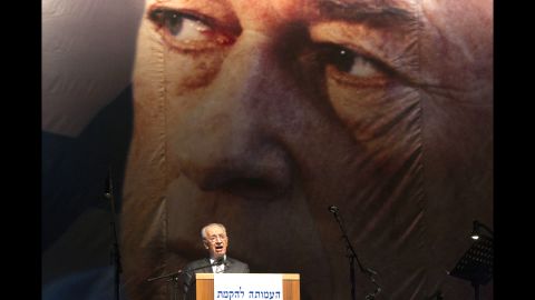 Israeli President Shimon Peres delivers a speech during a rally on October 30, 2010, to mark the 15th anniversary of the assassination of former Israeli Prime Minister Yitzhak Rabin at the Tel Aviv plaza where he was shot.