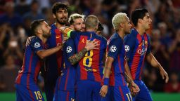 BARCELONA, SPAIN - SEPTEMBER 13: Lionel Messi of Barcelona celebreates scoring his third and his sides fifth goal with team mates during the UEFA Champions League Group C match between FC Barcelona and Celtic FC at Camp Nou on September 13, 2016 in Barcelona, Spain.  (Photo by David Ramos/Getty Images)