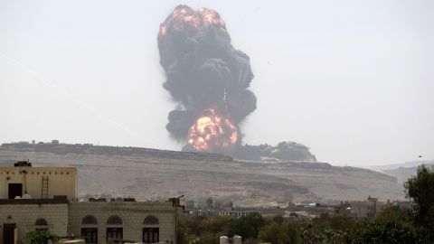 An airstrike by the Saudi-led coalition on an arms depot in May 2015, east of Sanaa.