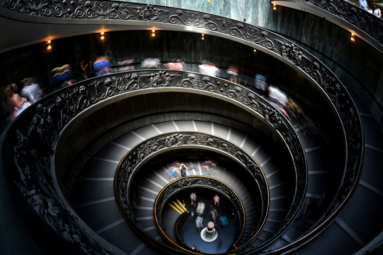 Bramante Staircase -- a double helix that allows traffic to flow both ways.