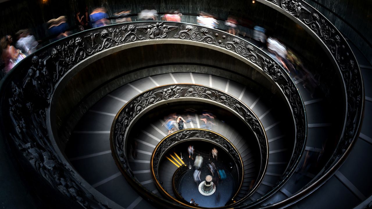 Bramante Staircase -- a double helix that allows traffic to flow both ways.