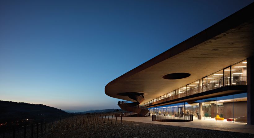 The famed Tuscan winemaker Antinori enlisted the firm Archea to create this corkscrew set of stairs made of steel, which overlooks their winery just outside of Florence.  