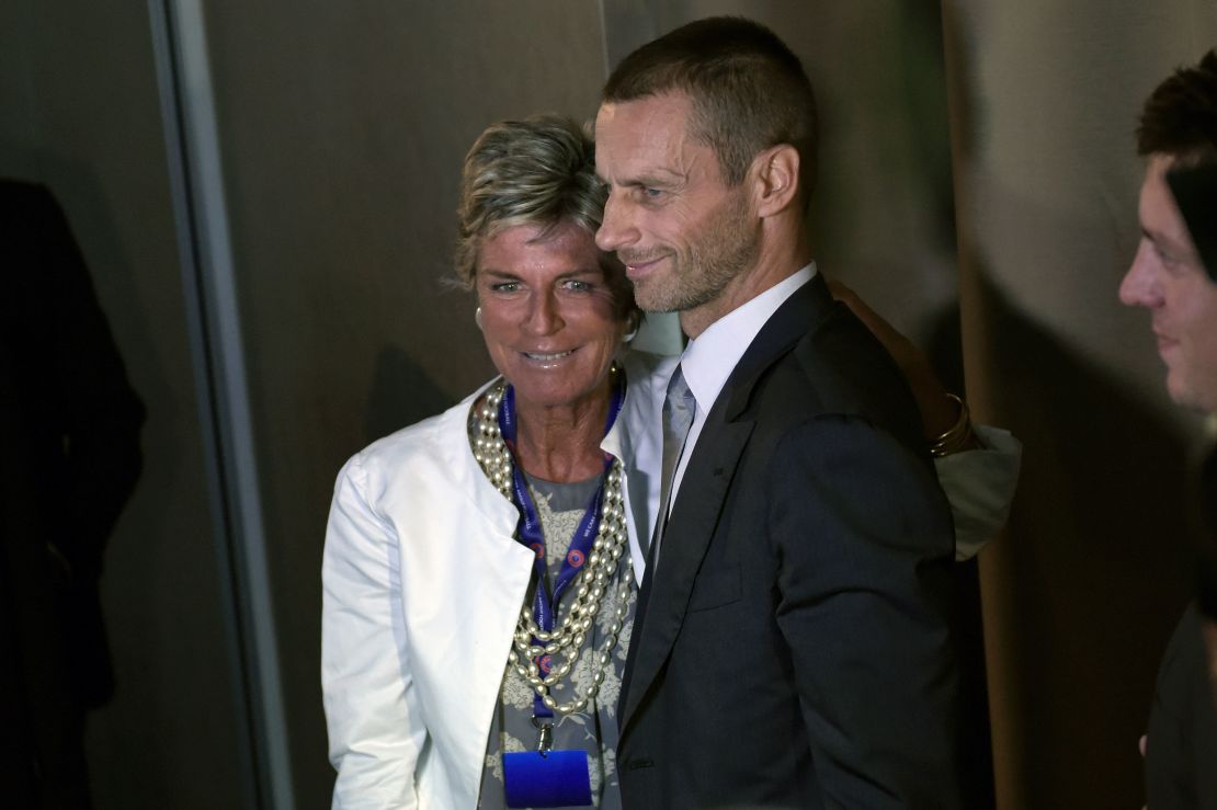 Ceferin poses with Evelina Christillin, elected as UEFA female member on the FIFA Council.
