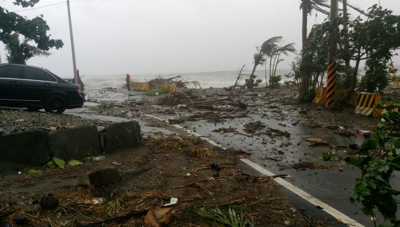 Storm damage is seen near Fugang fishing port in southern Taiwan. 