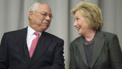 Former US Secretaries of State Colin Powell (L) and Hillary Clinton  speak during a ceremony to break ground on the US Diplomacy Center at the US State Department in Washington, DC, September 3, 2014.                  AFP PHOTO / Jim WATSON / AFP / JIM WATSON        (Photo credit should read JIM WATSON/AFP/Getty Images)