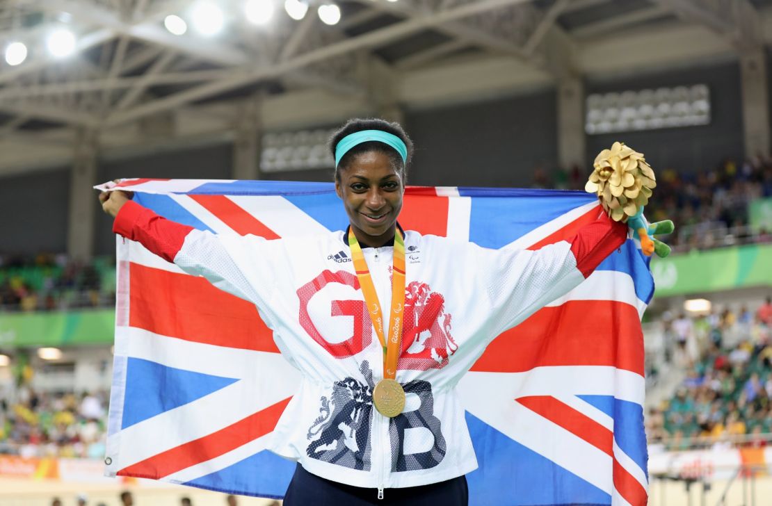 Kadeena Cox celebrates after winning C4-5 500m time trial gold in the velodrome.