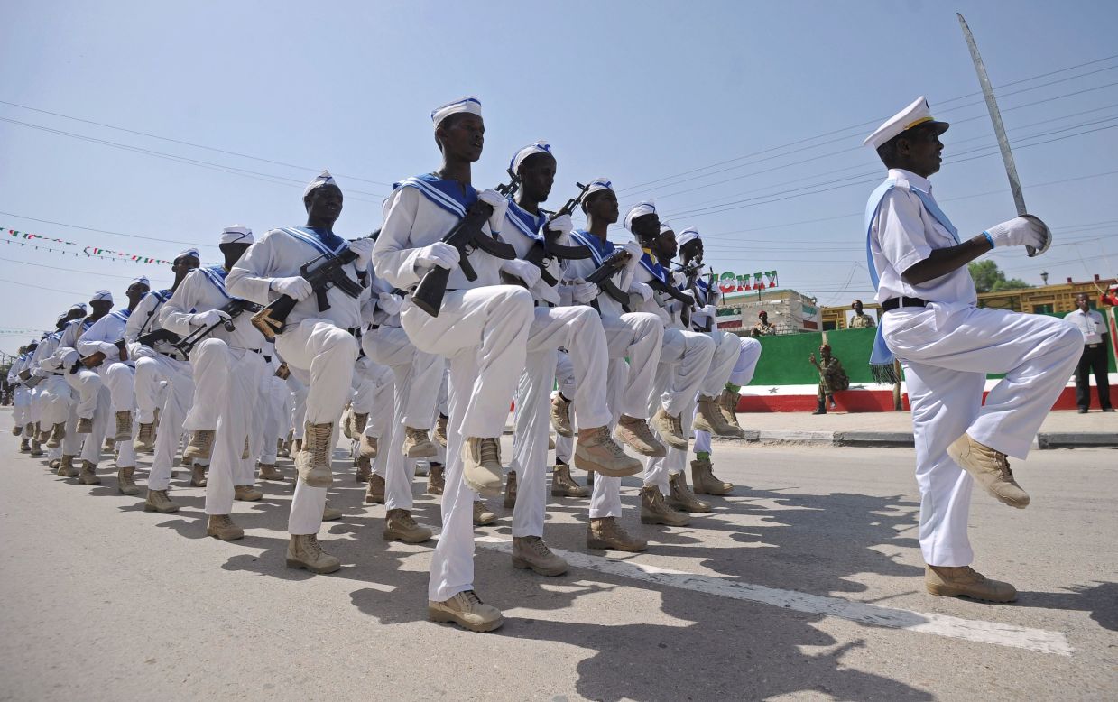 Somaliland military personnel march on independence day. The region spends heavily on its army and navy but is operating under a UN arms embargo.