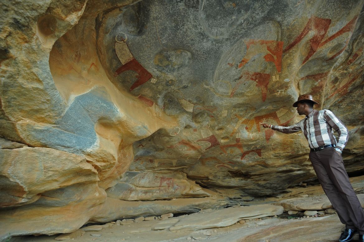 A primitive rock painting, one of a galaxy of colourful animal and human sketches to adorn the caves in the rocky hills near Hargeisa, home to Africa's earliest known and most pristine rock art.<br /><br />In ten caves in Laas Geel, Somali for 'camel watering hole', outside Hargeisa, vivid depictions afford a peek at a pastoralist history dating back some 5,000 years or more. The paintings were discovered in 2002 by a French archeology team and have since been protected to stem looting after their value became apparent to locals who previously feared they were the work of evil spirits.<br /><br />The paintings have also become a leading attraction of Somaliland's fledgling tourism industry. 