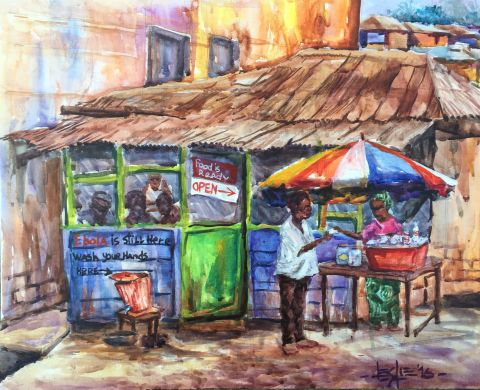 'Keeping The Message Alive' by Leslie Lumeh. The scene fascinated Lumeh when he witnessed it. "As you see, it says 'food is ready' and the restaurant is open" explains Lumeh." But she still has the Ebola bucket there." He adds, "This lady is still trying to be very cautious despite Liberia having been declared Ebola free by WHO."