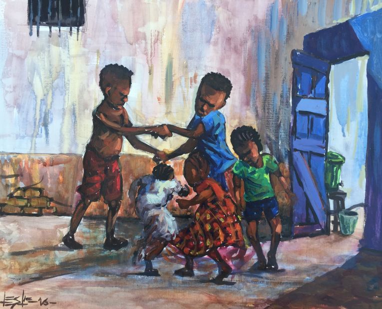 'Playing Is Here Again' by Leslie Lumeh. When the Ebola crisis hit Liberia two years ago, the artist was among those called upon by Unicef to develop posters on how the public could protect themselves." He continues to document how the country is coping after the Ebola outbreak. "I did not put too much attention to the devastation that was caused by the virus," he explains of his paintings. "What I did was the aftermath of the virus, what and where Liberia is heading now."