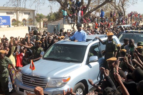 The presidential candidate Edgar Lungu of Zambia's ruling party Patriotic Front waves to the crowd as he arrives to cast his ballot on the day of the election. <a href="http://af.reuters.com/article/topNews/idAFKCN11K0L5" target="_blank" target="_blank">He was sworn in</a> earlier this month for another five years. 