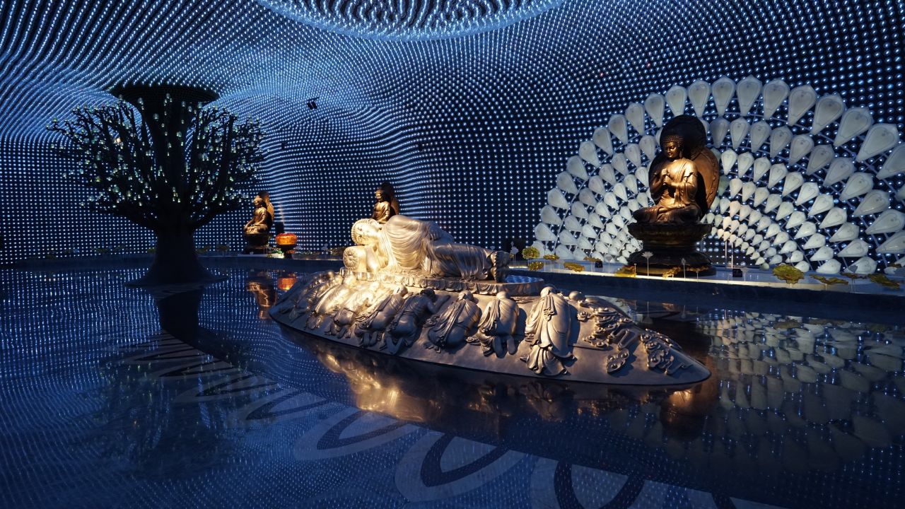 The exhibition deploys highly visual renderings of Buddhist themes.