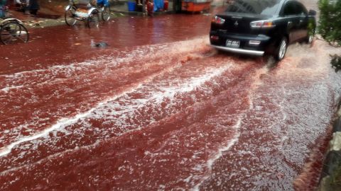 A car drives past a road turned red after blood from sacrificial animals on Eid al-Adha mixed with water from heavy rainfall in Dhaka, Bangladesh. 