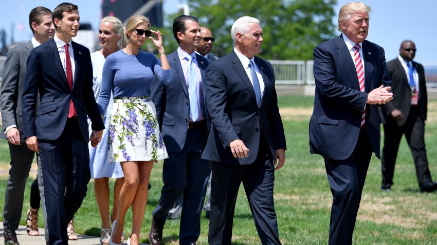 =Donald Trump and his family attend a welcome arrival event with Governor Mike Pence and his family at the Great Lakes Science Centre on July 20, 2016 in Cleveland, Ohio.