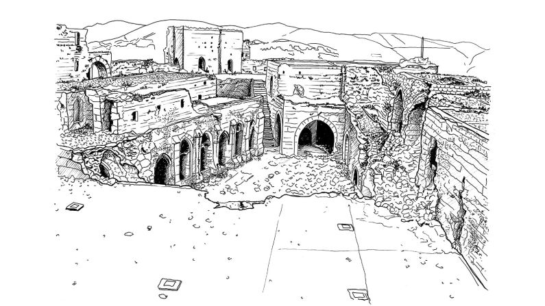 Overview of the inner configuration of Krak des Chevaliers in Talkalakh, Syria showing recent damage