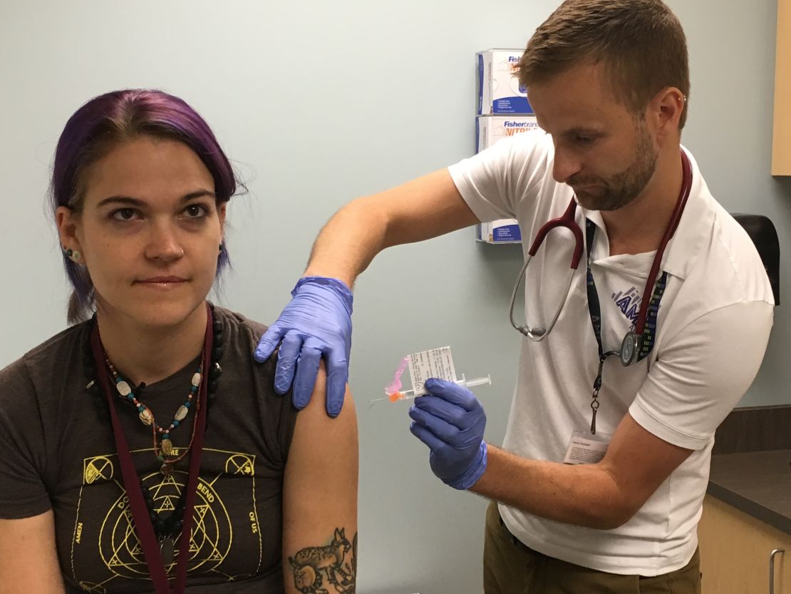 Virginia Bliss is receiving an experimental Zika vaccine in Atlanta.