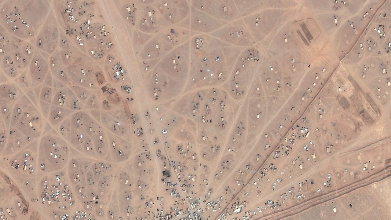 A satellite image of the informal refugee camp in Rukban on the Syrian-Jordanian border.